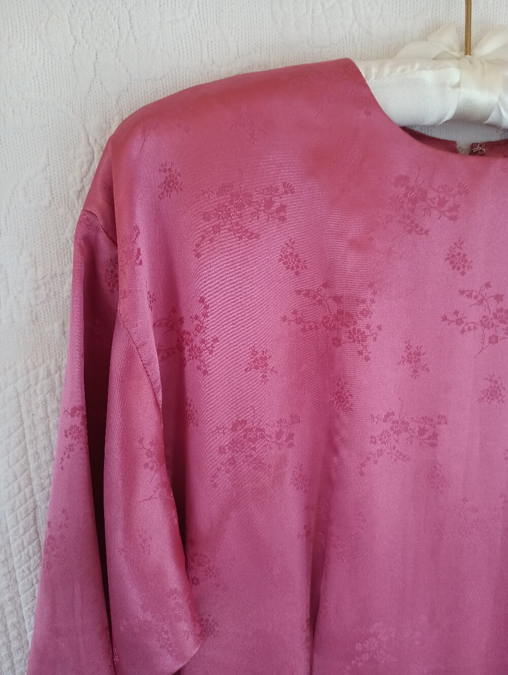 Vintage Pink Peplum Long-Sleeve Midi Dress Satin Floral 80s Barbie Girl OOAK 10 - Picture 8 of 16